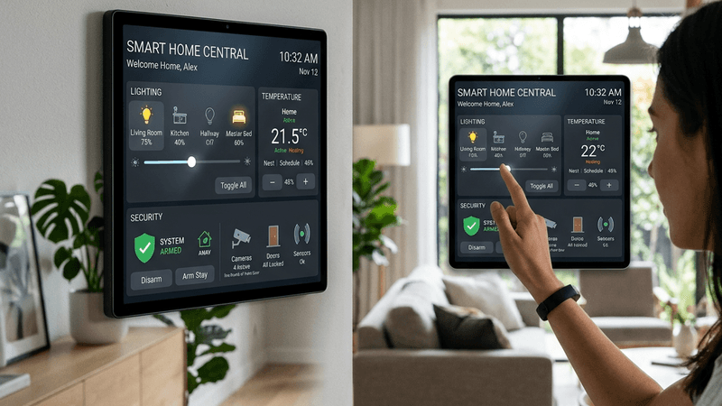 Smart home control panel showing lighting and temperature settings